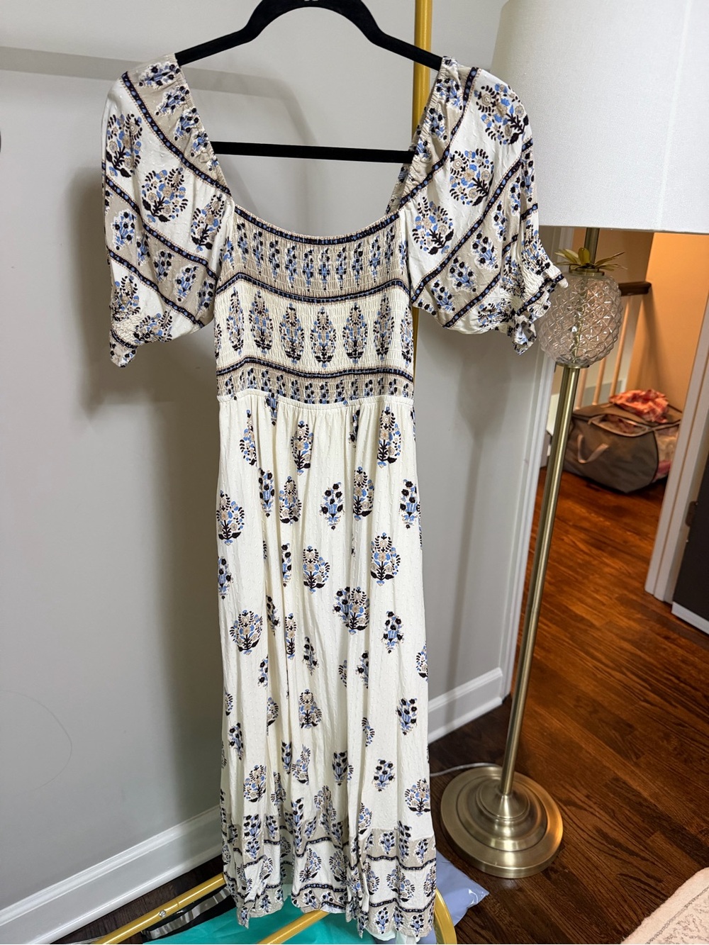 Cream Floral Maxi Dress with Blue Accent and Smocked Bodice